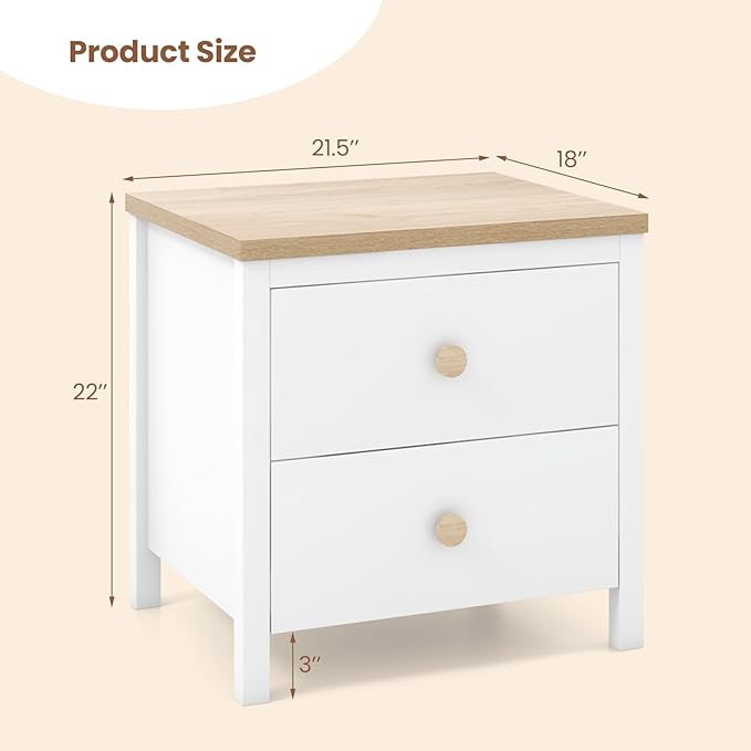Giantex Night Stand with 2 Drawers, Farmhouse Bedside Table with Cute Round Knobs, Wooden Floor End Table with Rubber Wood Legs, Small Sofa Side Table for Small Space Kids Bedroom College, White