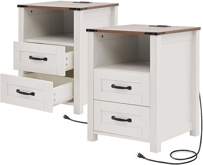 Farmhouse Nightstand Set of 2 with Charging Station & Drawers, White Wood Bedside Table, End Table with 2 Storage Drawers & USB Ports for Bedroom, Dorm, White