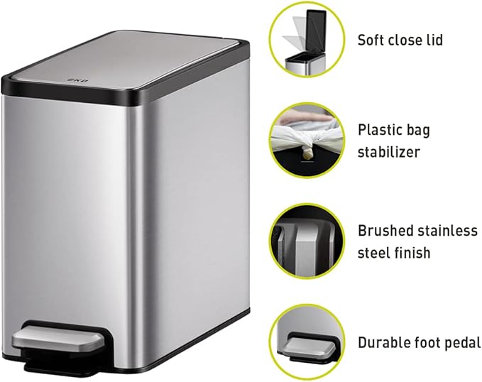 EKO Slim Small Bathroom Trash Can with Lid, Stainless Steel Kitchen Garbage Can with Removable Inner Bucket, 6L / 1.6 Gal 2 Pack Step On Trash Can Combo