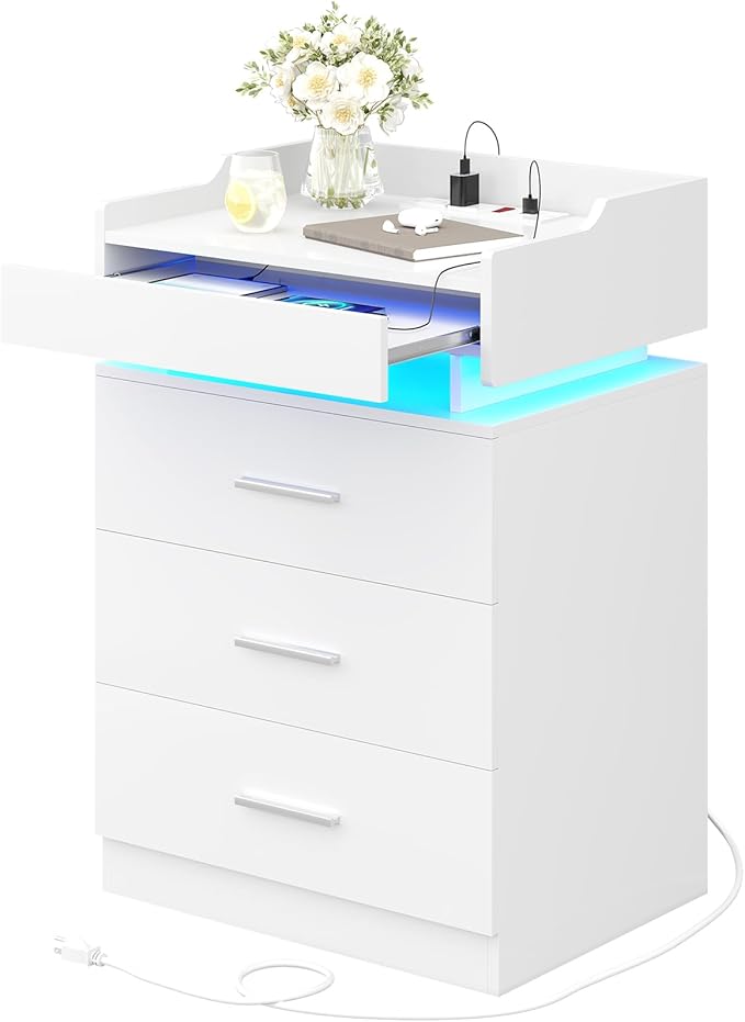 Large Nightstand with Charging Station and LED Lights, White Night Stand with 3 Drawers and 1 Pull-Out Tray, Modern Bedside Table with Outlets, End Table Side Table with Storage