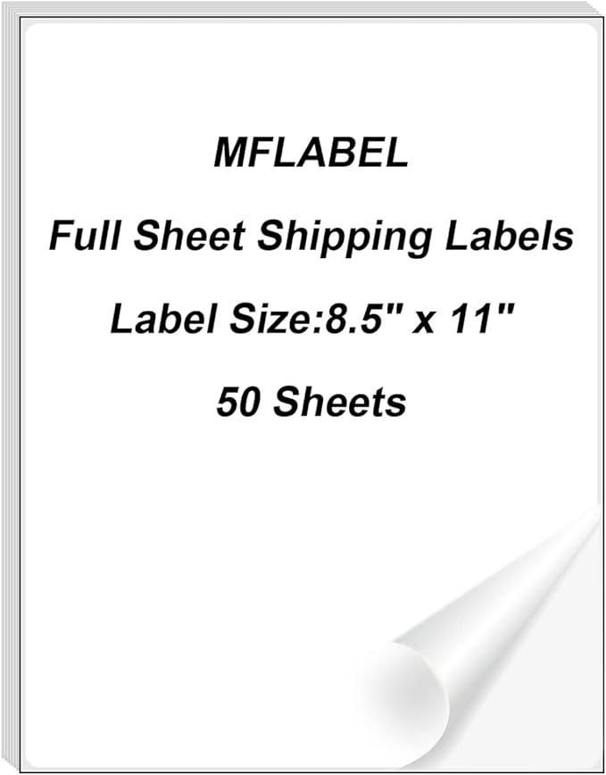 MFLABEL Full Sheet Sticker Labels, Address Labels, White Matte Label Paper, 8-1/2" x 11" Shipping Labels for Laser & Inkjet Printer (50 Labels, 50 Sheets)