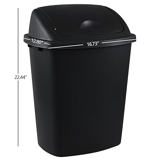 Begale 10 Gallon Plastic Swing Top Waste Container for Home Kitchen, Rectangular Trash Bin with Swing Lid, Black, Pack of 4
