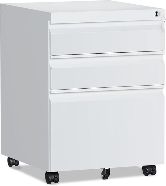3 Drawer File Cabinet，Mobile Filing Cabinet with Lock and Wheels，Un-Assembled Metal Under Desk File Cabinets for A4/Letter/Legal Size（White