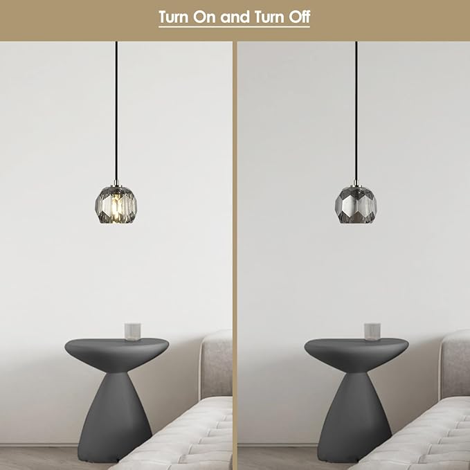 Modern Pendant Light, Small Brushed Nickel Crystal Pendant Light Fixture, Single Smoke Crystal Island Pendant Lighting for Kitchen Dining Room
