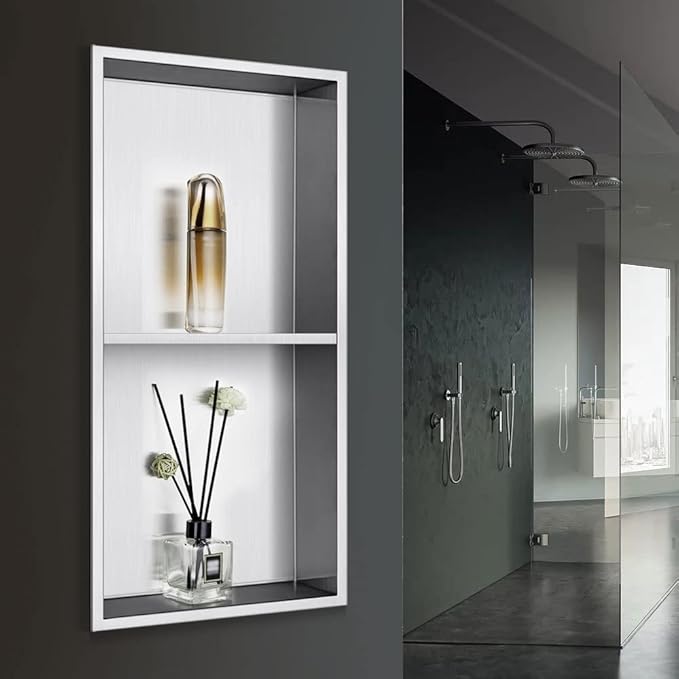 Shower Niche, 12"x24" No Tile Needed, The Insert Storage Rectangle Double Shower Shelf is Easy to Install, Stainless Steel, Brushed Nickel