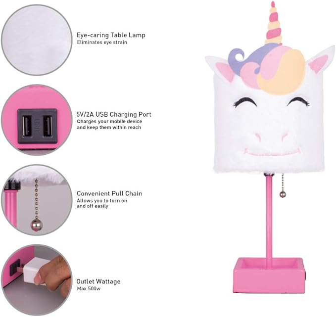 Table Lamp Cute Unicorn Plush Shade Desk Lights for Gifts with 2 USB Charging Ports and 1 Power Outlet for Bedroom Reading & Living Room