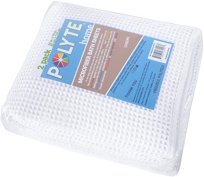 POLYTE Microfiber Quick Dry Lint Free Bath Sheet, 70 x 35 in, Set of 2 (White, Waffle Weave)
