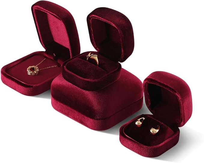 Resilient Velvet Ring Earrings Bracelet Necklace Display Box, Travel Mini Jewelry Organizer Case (Red, Earrings Box)