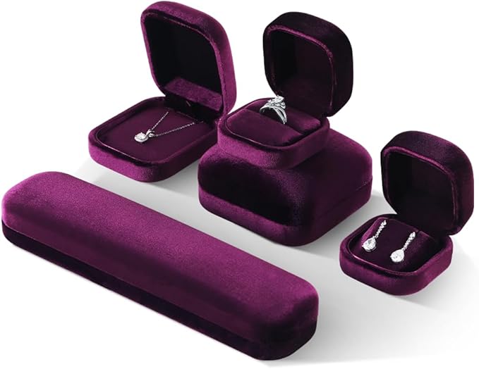 Resilient Velvet Ring Earrings Bracelet Necklace Display Box, Travel Mini Jewelry Organizer Case (Purple, Long Chain Box)