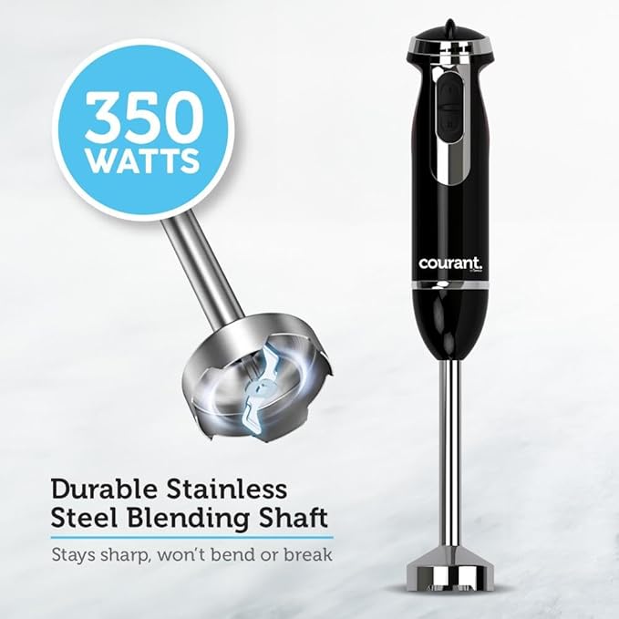 Courant Immersion Hand Blender with Variable Speed, Stainless Steel Blades for Smoothies, Purees, and Soups, Easy-Grip Control" (Black)