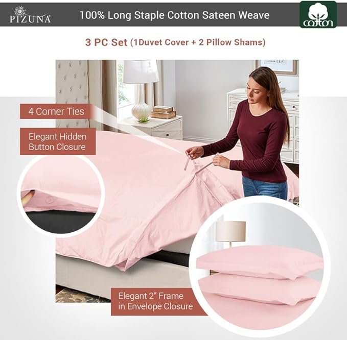 Pizuna Pure 100% Cotton King Duvet Cover Set, Luxurious 400 Thread Count Long Staple Cotton Sateen Weave with Button Closure (Combed Light Pink Cotton Duvet Cover King)