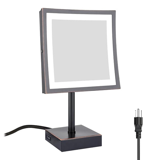 DOWRY Tabletop LED Lighted 5X Magnifying Square Makeup Mirror with Plug,8 Inch, Polished Oil Rubbed Bronze Finished