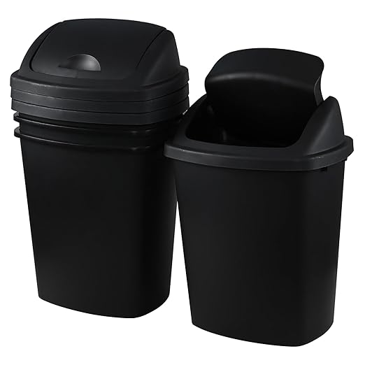 Begale 6 Gallon Plastic Swing Lid Waste Bin for Kitchen, 4 Pack Plastic Trash Can with Swing-Top, Black