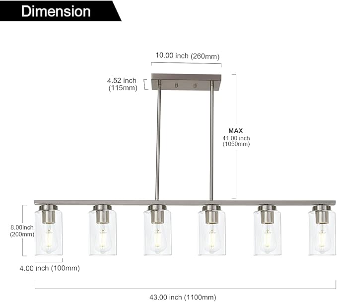 6-Light Kitchen Island Lighting with Clear Glass Shades, Modern Linear Pendant Light Fixture for Dining Room Pool Table, Brushed Nickel Finish