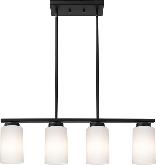 Farmhouse Dining Room Pendant Light Fixtures in Black Finish, 4-Lights Island Lighting with Opal White Glass Shades for Kitchen