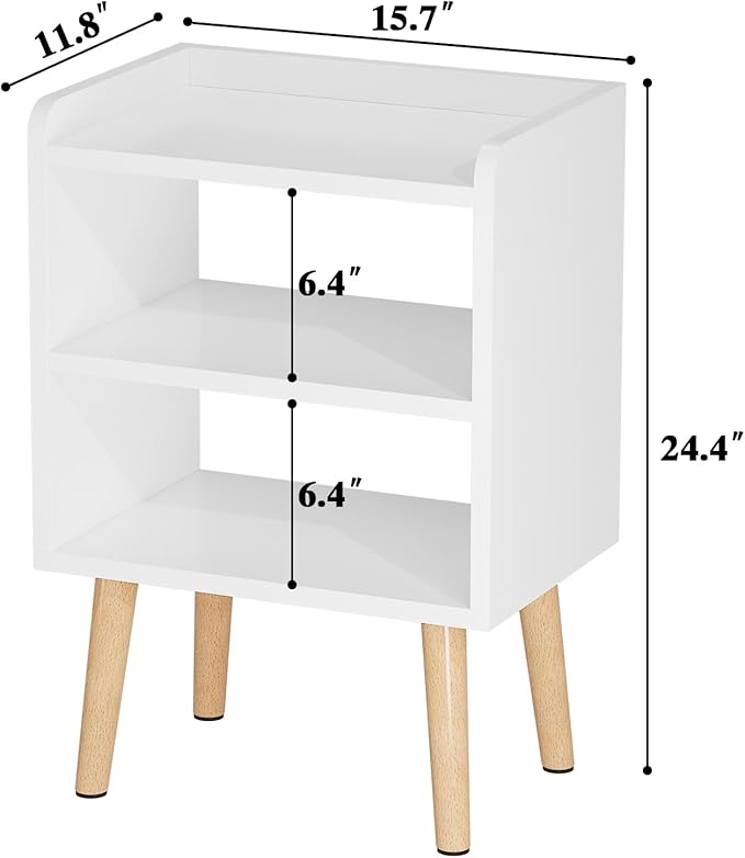 LUCKNOCK Mid Century Modern Nightstand, White Wood Bedside Table, 3 Tier Tall End Side Table with Open Storage Shelves, Small Night Stand for Bedroom, Kids Room & Small Spaces.
