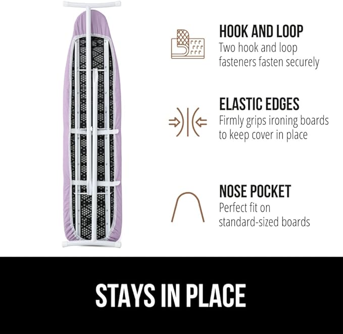 The Original GORILLA GRIP Ironing Board Cover and Pad, Silicone Coating, Thick Scorch Resistant Padding, Heavy Duty Iron Covers Standard Boards, Hook and Loop Fastener Strap, Light Purple, 15x54