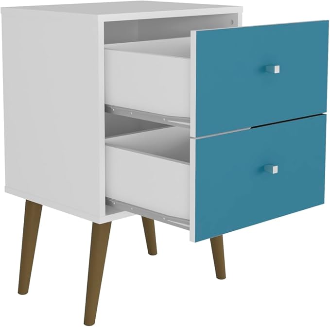 Manhattan Comfort Liberty Mid Century Modern Nightstand with Drawers, Bedside Table for Bedroom and Living Room, Night Stand Accent Decor, Easy Assembly, White/Blue