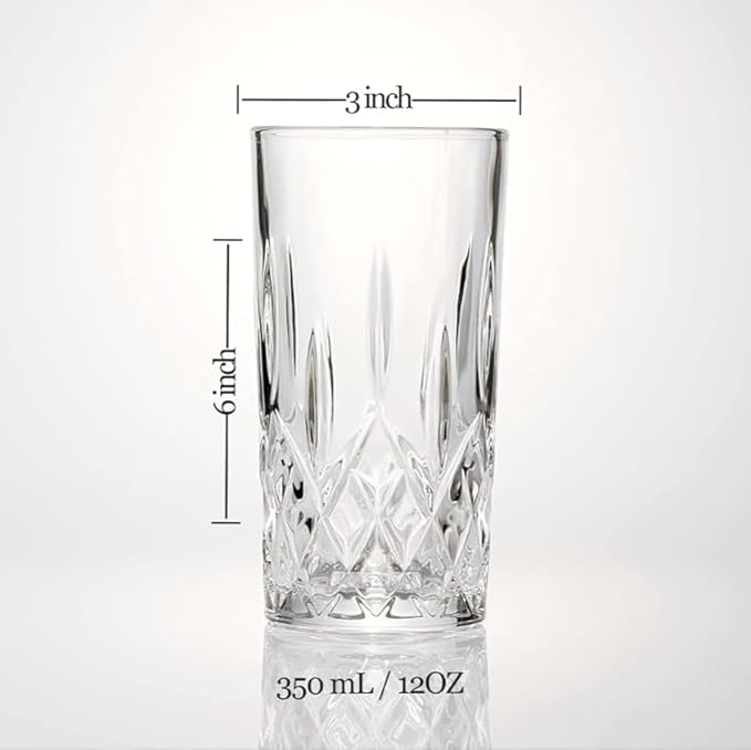 LEMONSODA Premium 12oz Highball Glass, for Water, Juices, cocktails - Set of 4 - Crystal Cut Glasses – Elegant Textured Tom Collins Glassware Set - Premium Packaging