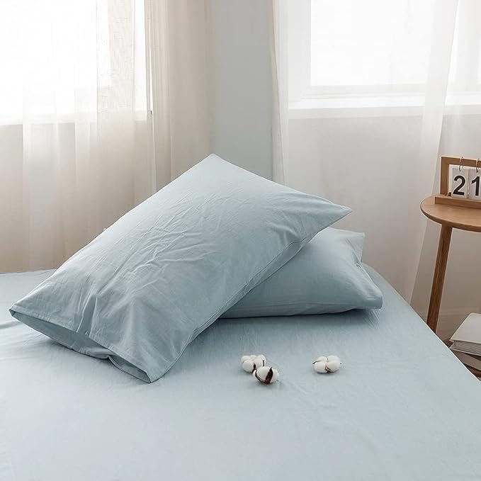 FACE TWO FACE Bedding Duvet Cover Set 3 Pieces 100% Washed Cotton Duvet Cover Linen Like Textured Breathable Durable Soft Comfy (Queen, Light Blue)