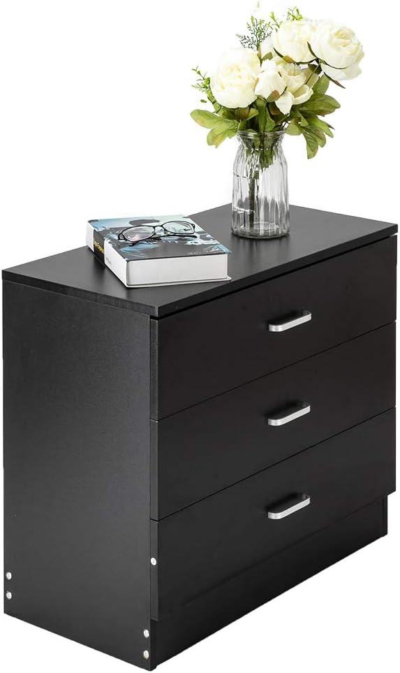 Black Night Stand, Bedside Table/Nightstand with 3 Drawers, Compact Side Table for Bedroom, College Dorm & Living Room, Wooden End Table Bedroom