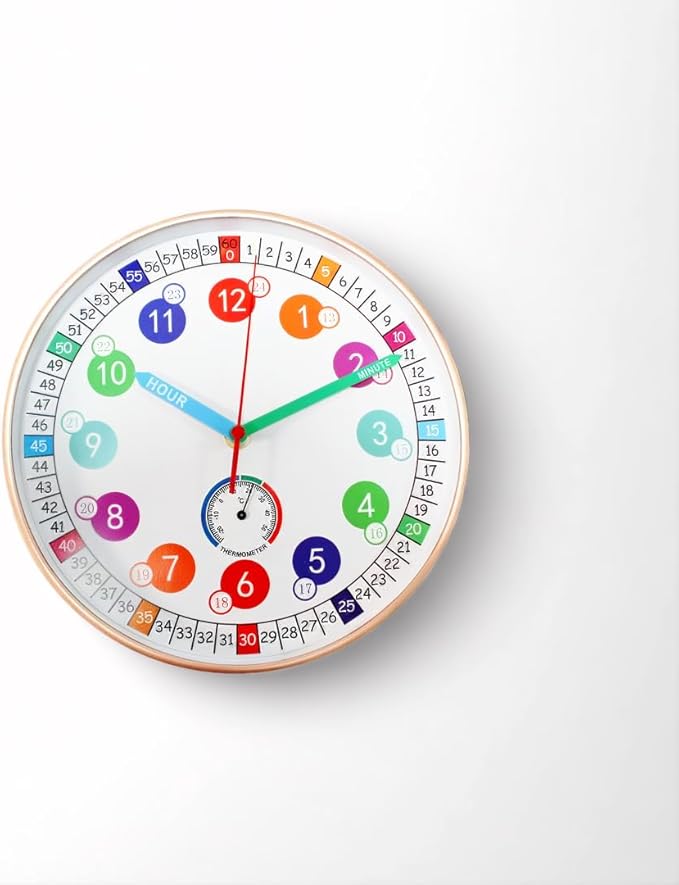 Learning Time Clock for Kids ，10Inch Colorful Clock Face Silent Clocks，Bedroom,Kitchen,Classroom,Clear Digital，Décor at School, Wall Clock for Kids Room (Rose Gold)