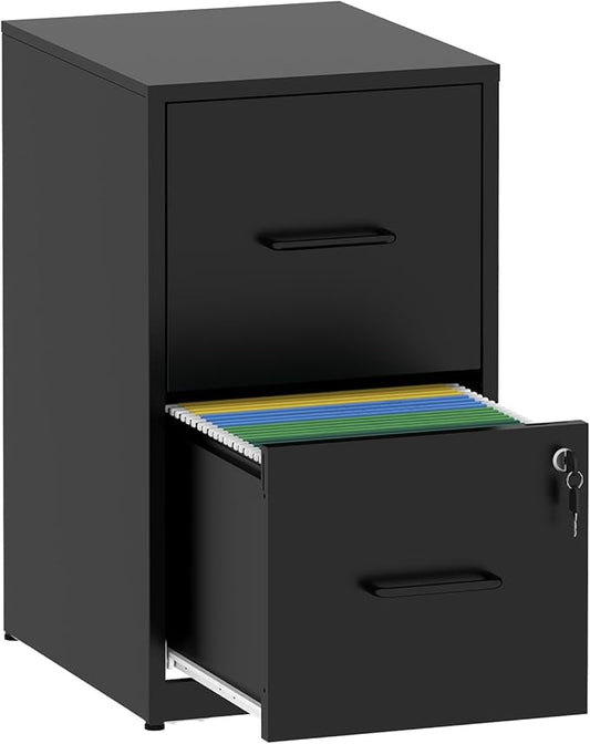 AQY 2 Drawer Filing Cabinet with Lock, Metal Black File Cabinet for Home Office, 18" Deep Vertical Storage Drawer for Hanging A4/Letter/Legal Size Files, Assembly Required