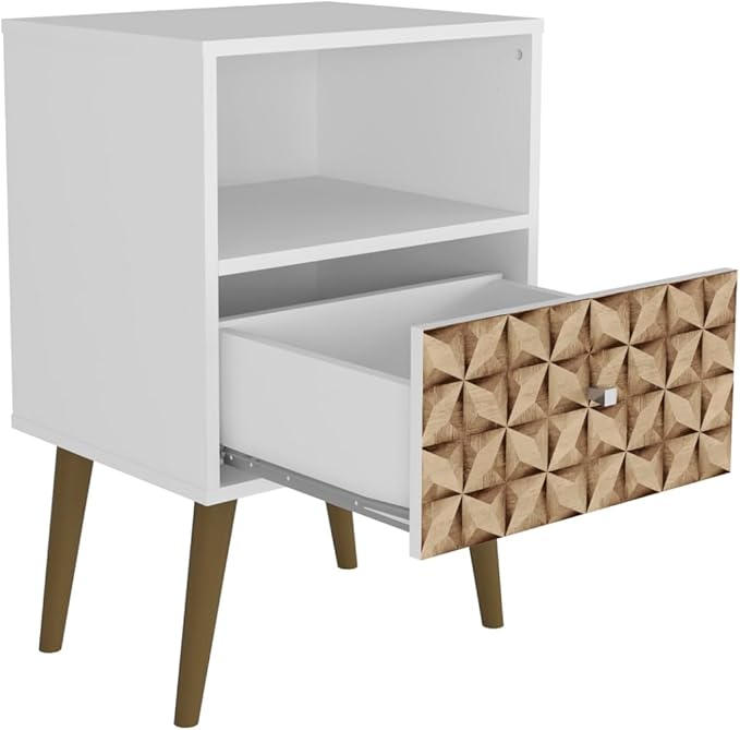 Manhattan Comfort Liberty Mid Century Modern Nightstand with Drawer and Cubby, Bedside Table for Bedroom and Living Room, Night Stand Accent Decor, Easy Assembly, White/Brown