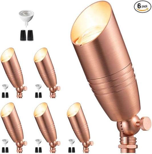 Low Voltage Spot Lights - Solid Brass Landscape Spotlight Wired, 12V Outdoor LED Bullet Uplights, Waterproof Electric Copper for Patio Wall with 4000K Bright White MR16 Bulb (6 Pack)