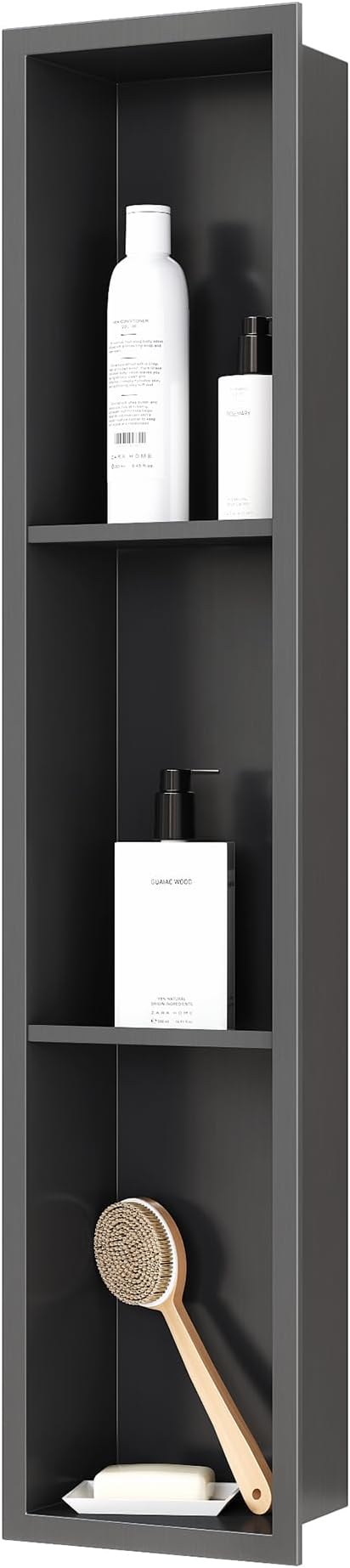 Stainless Steel Shower Niche 8" X 36", No Tile Needed Three-Tier Wall Niche, Recessed Shower Shelf for Bathroom Storage, Gun Metal