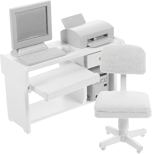 1 Set Miniature Office Desk: Dollhouse Computer Desk Mini Toys for Crafts - Tiny House Wood Computer Model Miniature Office Furniture Ornament for Kids Doll House(White)