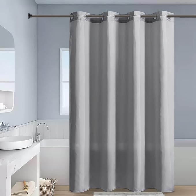Furlinic No Hooks Needed Shower Curtain or Liner,Polyester Fabric Bathroom Curtains with 10 Split Grommets,Waterproof & Machine Washable,Light Grey,Standard Size,72x72 Inch