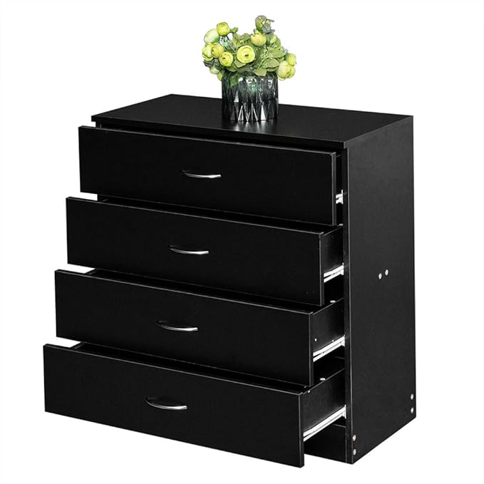Black Night Stand, Bedside Table/Nightstand with 4 Drawers, Compact Side Table for Bedroom, College Dorm & Living Room, Wooden End Table Bedroom