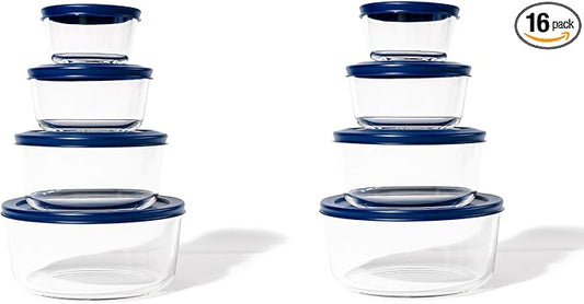 16-Piece Glass Food Storage Containers Set (8 Containers + 8 Lids) | Round, Nesting, Microwave & Dishwasher Safe | BPA-Free, Space-Saving | Blue Lids for Pantry & Kitchen Organization