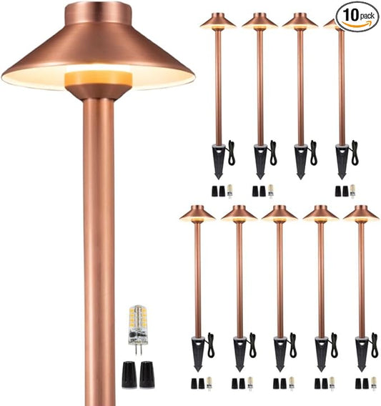 Outdoor Brass Low Voltage Driveway Lights, Copper Electric Waterproof Pathway Lighting, Wired Bronze Hat Top Path Lights for Sideway Garden Patio with 3W 270LM 5000K G4 Bulb 10 Pack