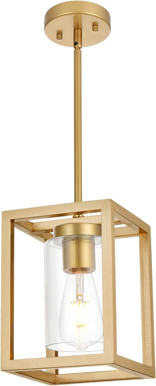 VINLUZ 1-Light Rustic Chandelier in Gold Finish Modern Industrial Pendant Lighting Fixture with Clear Glass Shade Hanging Ceiling Light for Dining Room