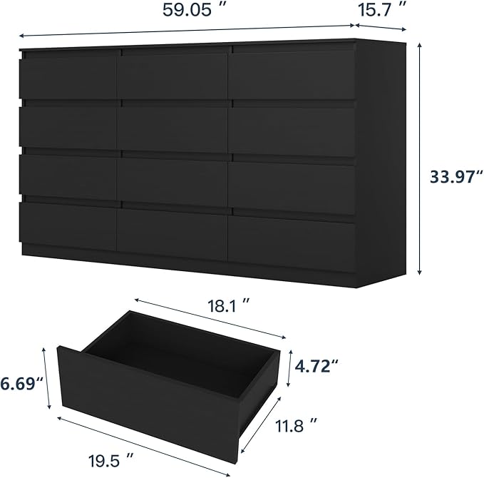 Black Dresser for Bedroom,Modern Long 12 Drawer Dresser with Deep Drawer,Wood Storage Chest of Drawer, Bedroom Storage Organizer,TV Stand for Living Room