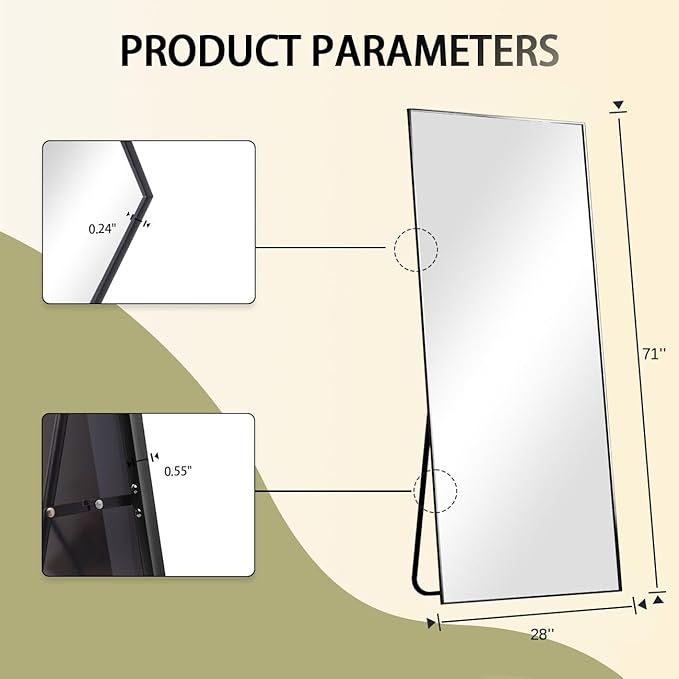 BEAUTYPEAK Full Length Mirror, 71"x26" Standing Hanging or Leaning Against Wall Floor Mirrors Body Dressing Wall-Mounted for Living Room, Bedroom with Aluminum Alloy Thin Frame, Black