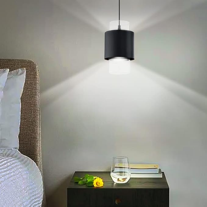 1 Light Hanging Indoor Kitchen Island Pendant Light 6" Drum Glass Shade Pendant Ceiling Light Fixtures Modern Farmhouse Dinning Over Sink (Black Finish, 2 Pack)