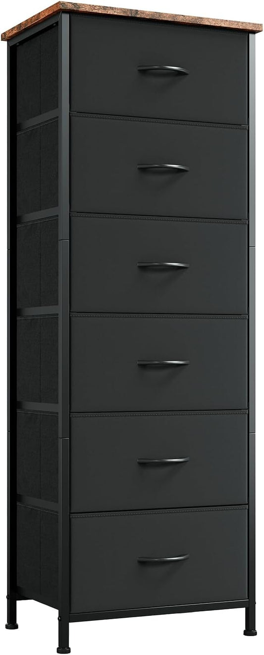 Somdot Tall Dresser for Bedroom with 6 Drawers and Side Pockets, Storage Organizer Chest of Drawers with Fabric Bins for Closet Bedside Nursery Living Room Entryway Hallway, Black Rustic Brown