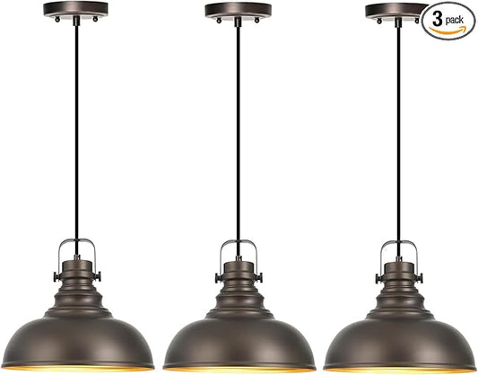 3 Packs Farmhouse Pendant Lights Kitchen Island Adjustable Pendant Light Fixtures Rustic Industrial Hanging Lamp,Oil Rubbed Bronze