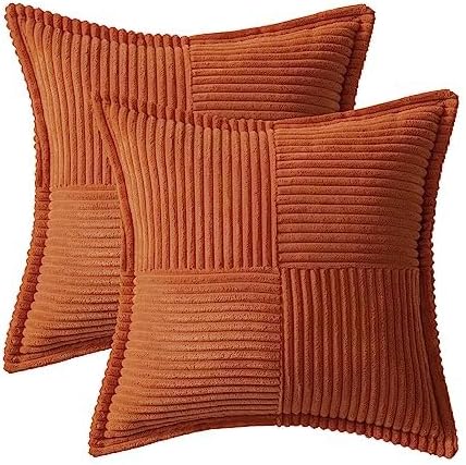 MIULEE Rust Fall Decorative Euro Sham Throw Pillow Covers for Couch Bed Livingroom 26x26 Inch Set of 2 Boho Accent Throw Pllows Broadside Striped Patchwork Soft Corduroy Pillowcases