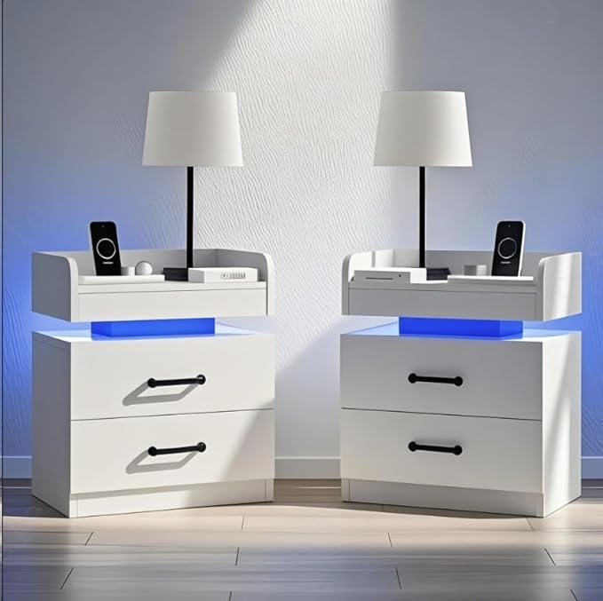 Nightstand with Charging Station, Night Stand with LED Lights Set of 2, Modern LED End Table, Nightstand Set of 2, Night Stand with 2 Drawers, Bed Side Table with Storage for Bedroom, White