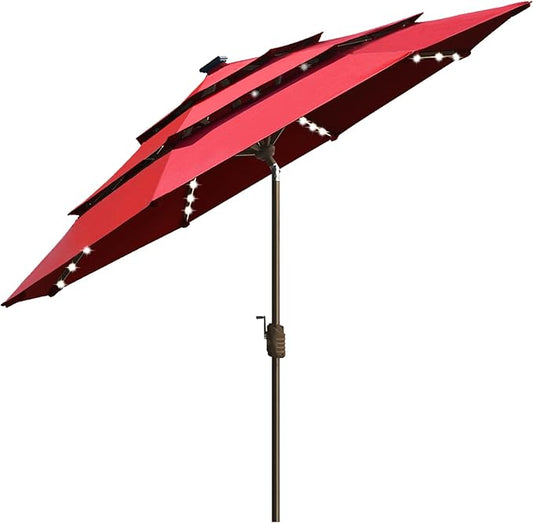 EliteShade USA 10-Year-Non-Fading Solar 9ft 3 Tiers Market Umbrella with 80 LED Lights Patio Umbrellas Outdoor Table with Ventilation,Logo Red
