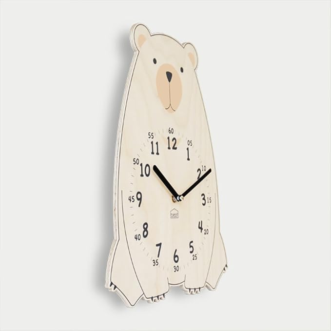 Silent Kids Wall Clock - Non-Ticking, Decorative, Cute Wooden Clock for Nursery, Children, Toddler, Baby Room, Battery Operated - Bear, Unicorn, Owl (Brown Bear)