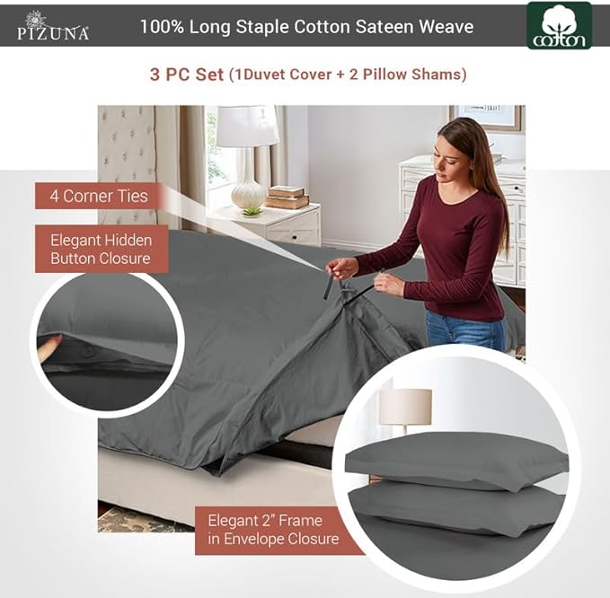 Pizuna Pure 100% Cotton Full Duvet Cover Set, Luxurious 400 Thread Count Long Staple Cotton Sateen Weave with Button Closure (Combed Dark Grey Cotton Duvet Cover Full)