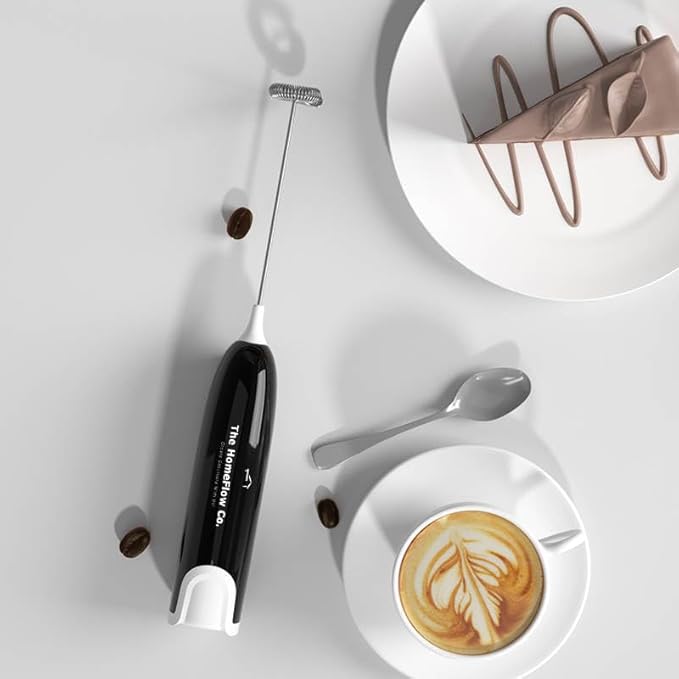 THC Handheld Milk Frother, Quick Electric Foam Maker for Coffee, Latte, Cappuccino, Matcha, Hot Chocolate, Portable Whisk Mixer Battery Operated (White & Black)