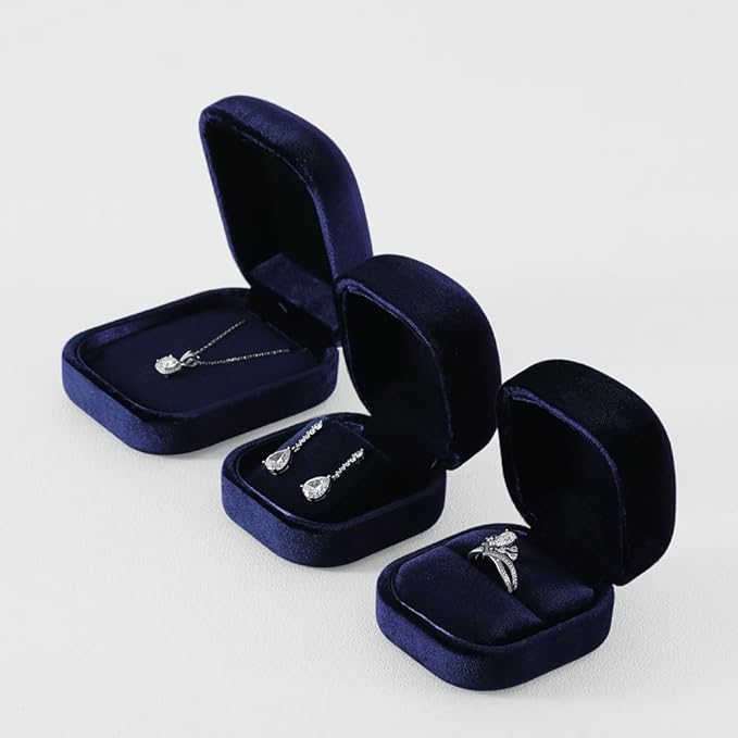 Resilient Velvet Ring Earrings Bracelet Necklace Display Box, Travel Mini Jewelry Organizer Case (Blue, Ring Box)