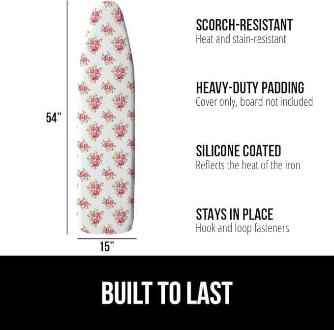 The Original GORILLA GRIP Ironing Board Cover and Pad, Silicone Coating, Thick Scorch Resistant Padding, Heavy Duty Iron Covers Standard Boards, Hook and Loop Fastener Strap, Pink Floral, 15x54