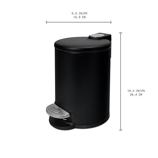 ACENTO 0.65 Gal Round Bathroom Trash Can with Lid – Soft Close Step Pedal Waste Bin & Removable Inner Liner – Stainless Steel Garbage Can for Bathroom, Bedroom, Dorm, Office – Matte Black